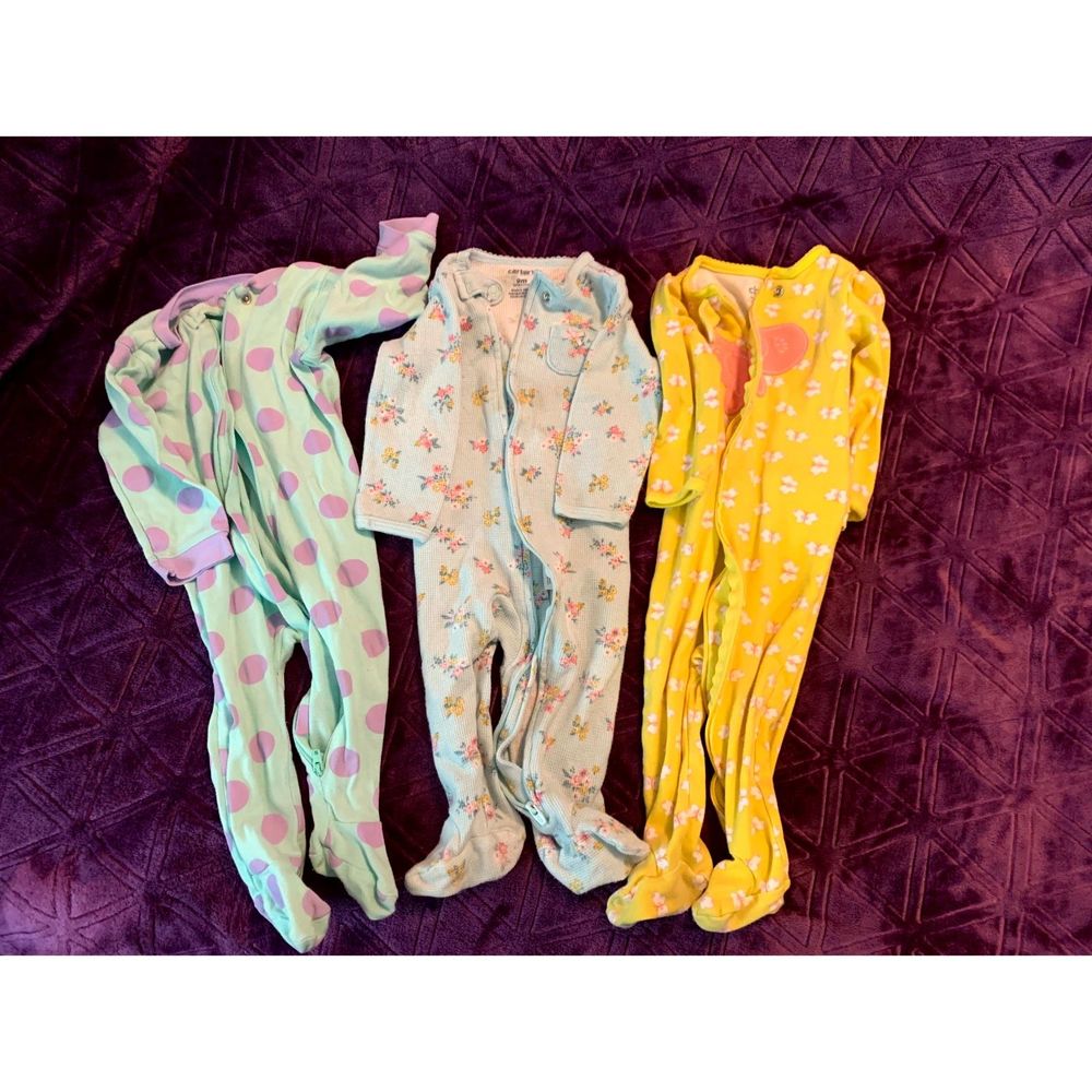 LOT of three girls 6-9 month pajamas PJ's - one-piece zipper floral, dots, blue